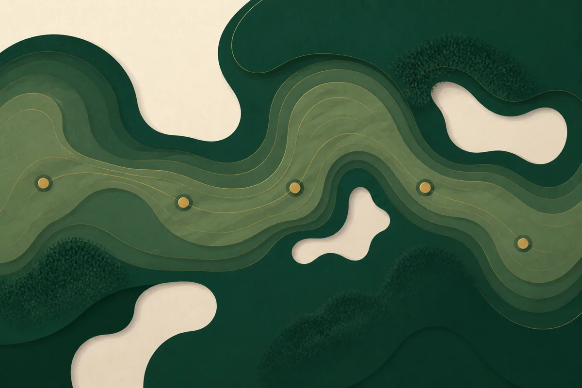 Abstract golf course route with five gold waypoints connected across layered contours.